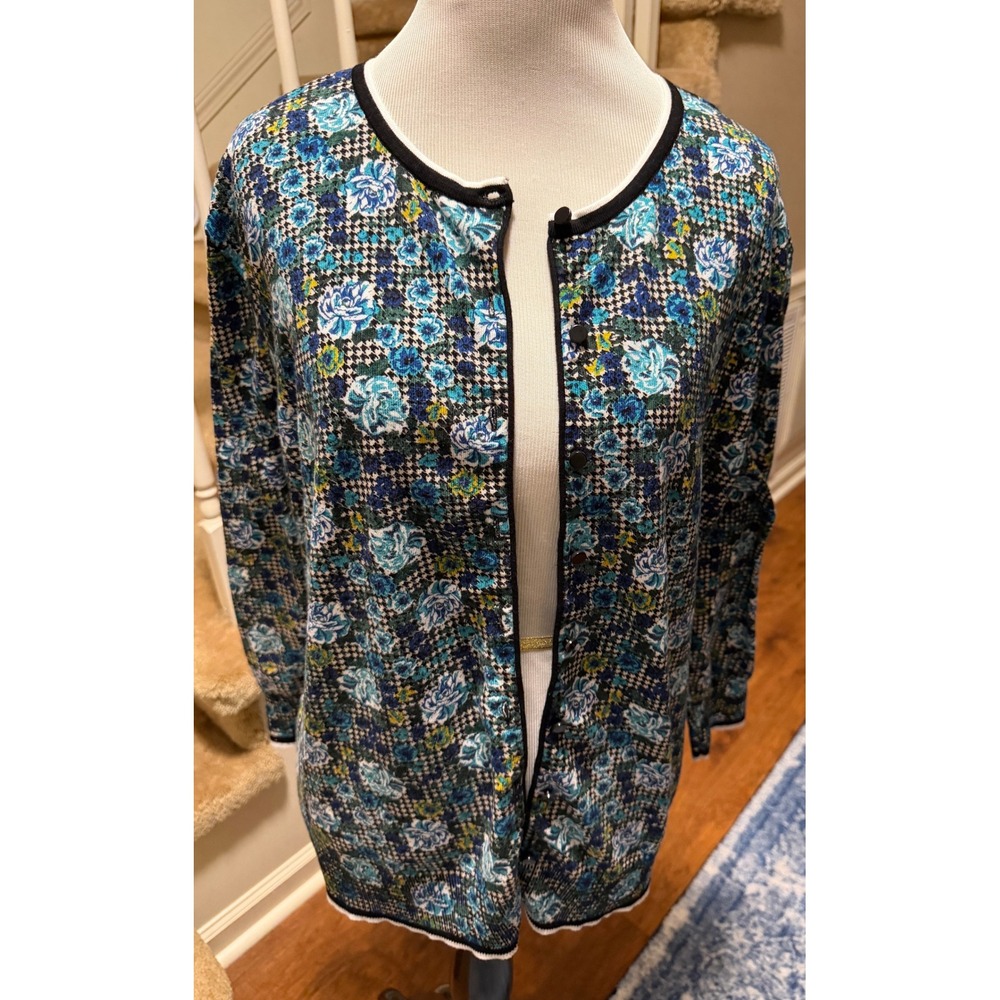 Emaline Womens XL Floral Houndstooth Knit Cardigan Sweater Blue Black White Trim